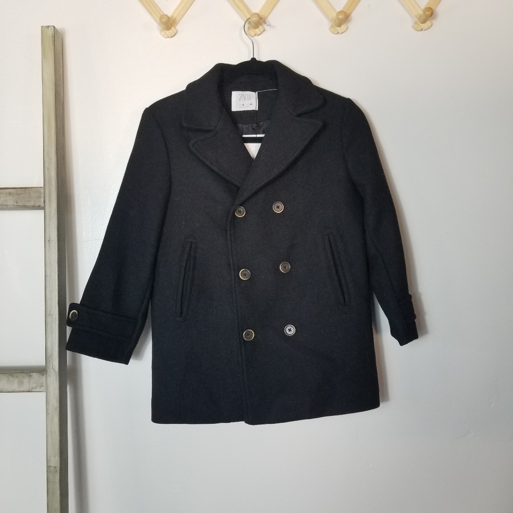 NWT ZARA GIRL'S BLACK DOUBLE BREASTED PEACOAT SIZE 10 53% WOOL